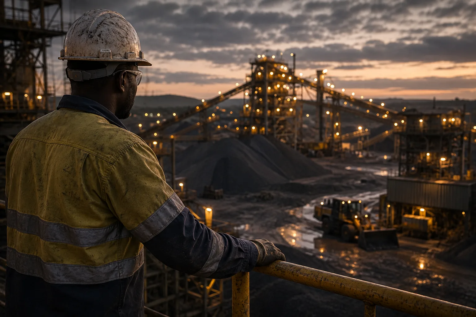 An unbranded mine worker overlooking an operating processing plant
