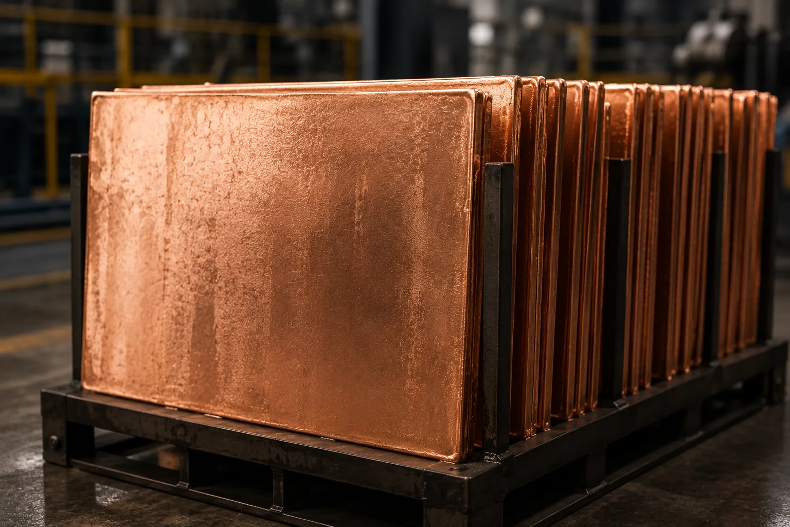 Unbranded finished copper cathodes stacked for industrial use