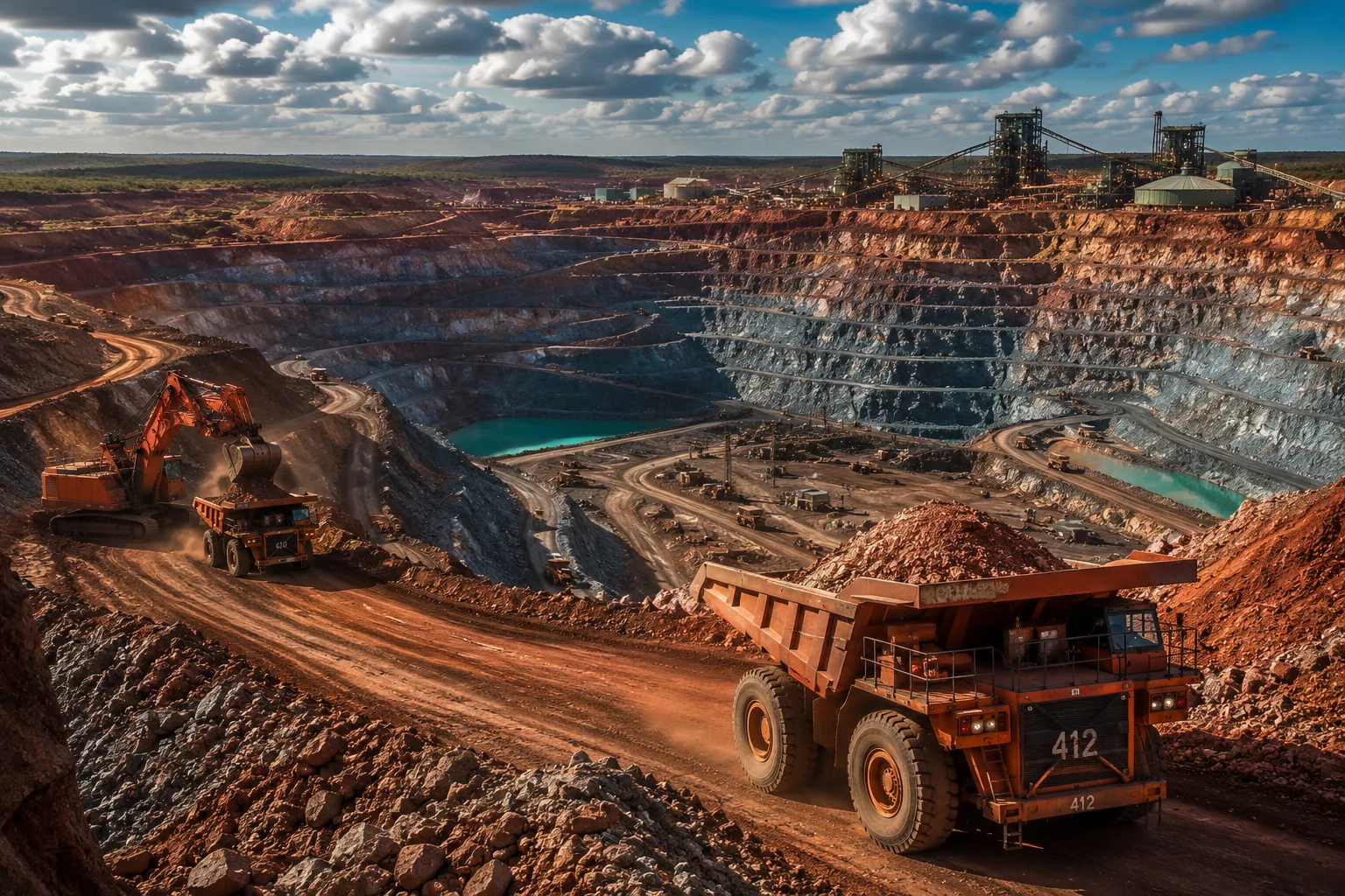 Large copper mine with terraced earth and heavy machinery