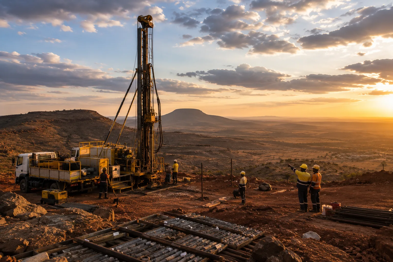 Exploration drilling team working at sunset
