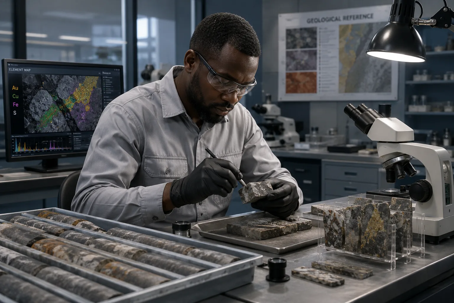 Geologist examining an ore sample in an unbranded laboratory
