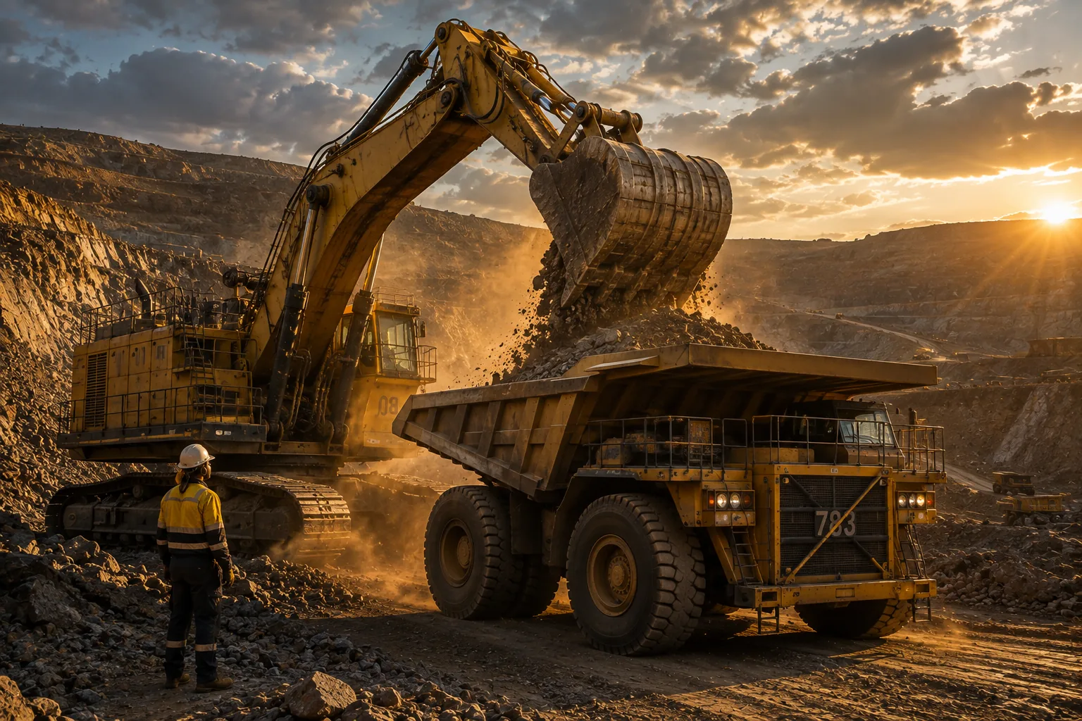 Excavator loading a mine haul truck beside a worker