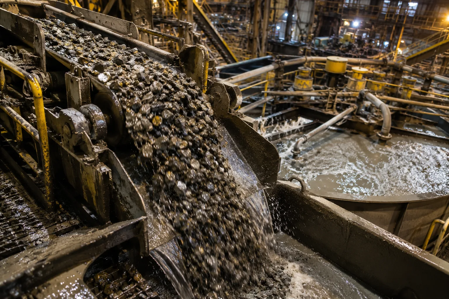 Ore moving through wet mineral processing machinery